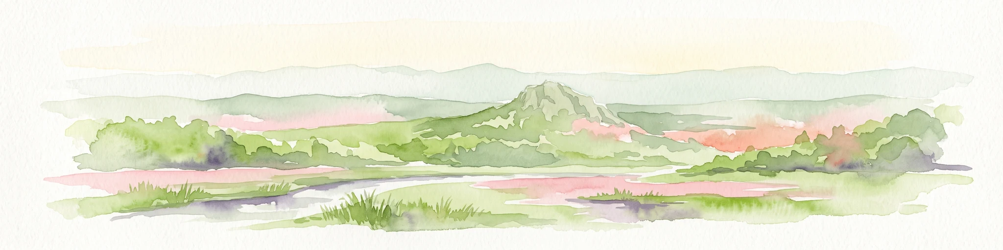 A horizontal watercolor painting showing rolling green hills and a small stream in the foreground with faint mountain ridges in the distance.