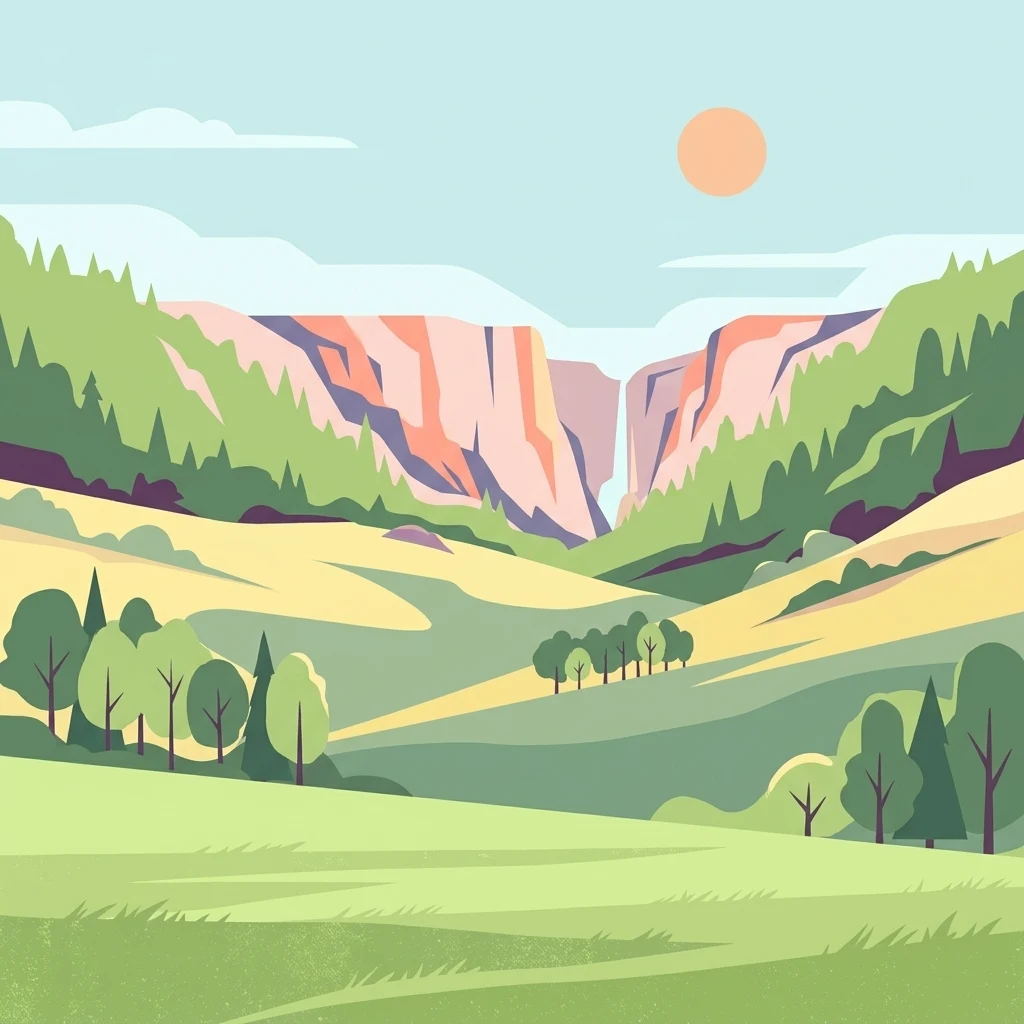 A stylized vector illustration of a valley between two rock cliffs with a small waterfall, green meadows in the foreground, and a sun in the sky.