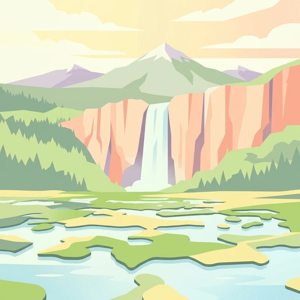 A flat-style digital illustration showing a snowy mountain peak in the background, a waterfall cascading over cliffs in the midground, and a wetland or bog area with water channels in the foreground.