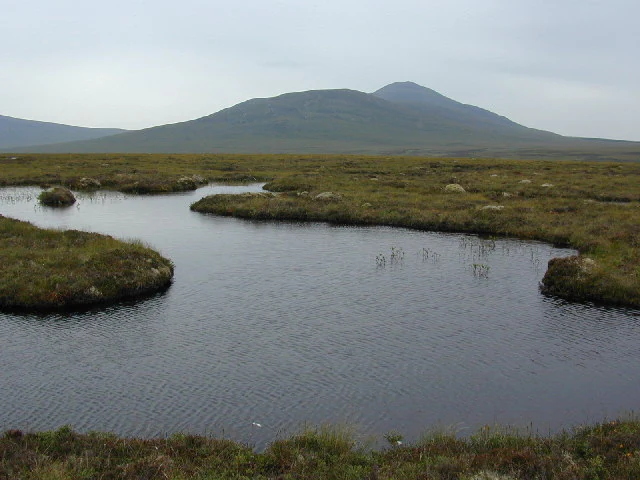 A wide shot of a blanket bog landscape with dark pools of water in the foreground, mossy peat terrain, and distant rolling hills under a cloudy sky.