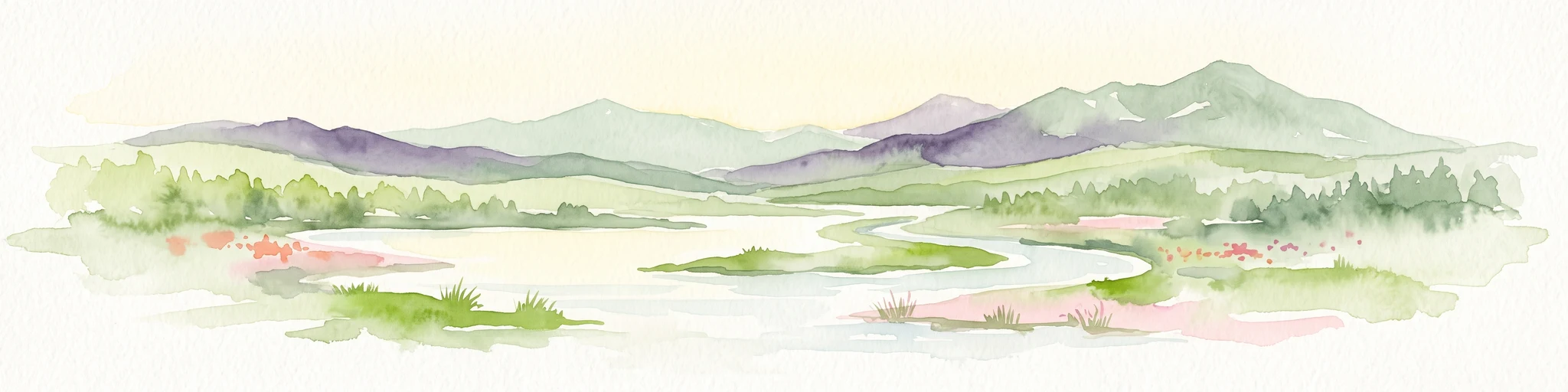 A watercolor painting showing a wide, sweeping landscape of green hills, a winding stream, and flat boggy terrain under a soft, light-colored sky.