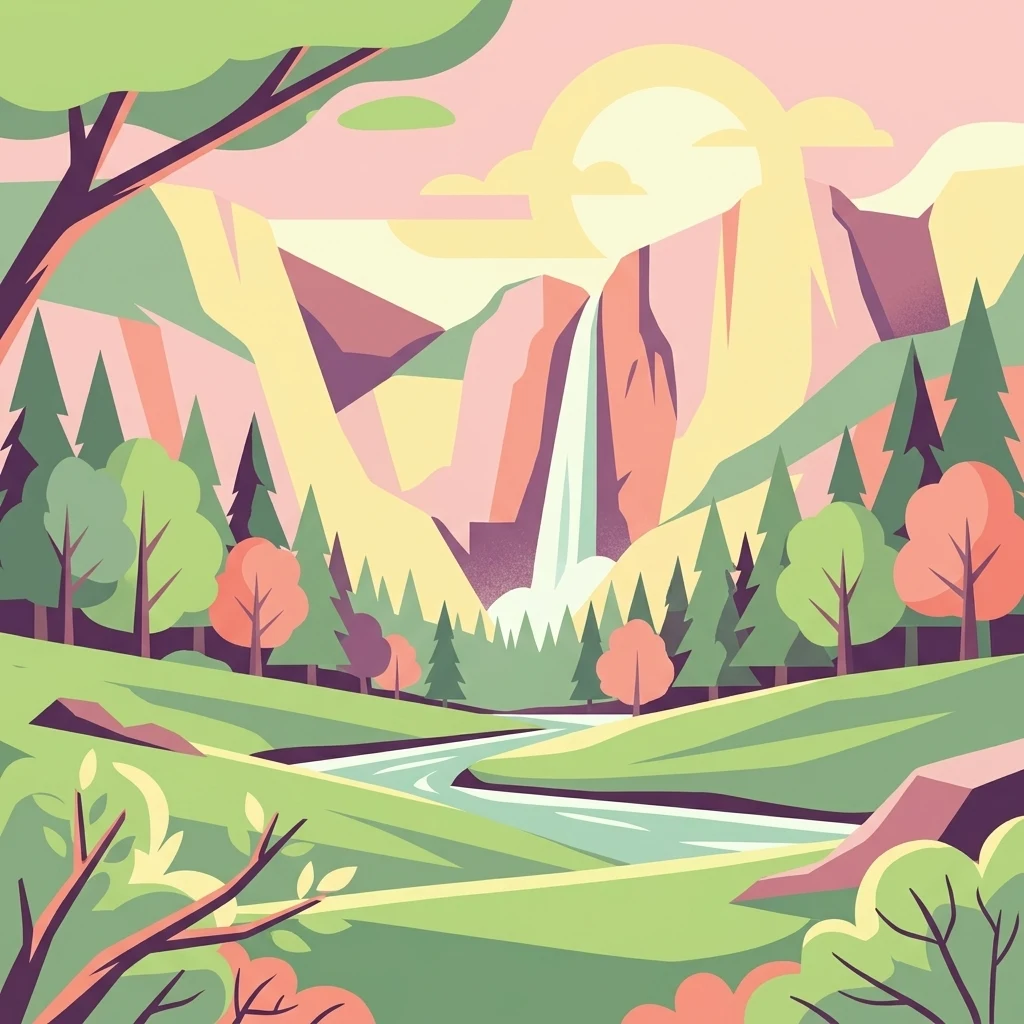 A colorful digital illustration showing a winding river flowing through a lush green valley towards a large waterfall set between steep mountain cliffs under a soft sunset sky.