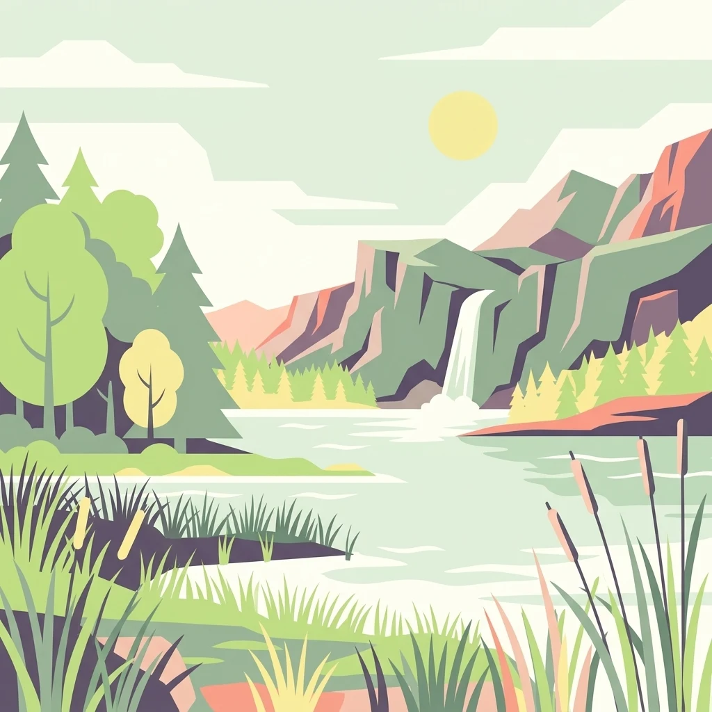 A flat-style digital illustration showing a lake with cattails in the foreground, a forest on the left, and cliffs with a waterfall in the background under a pale sun.