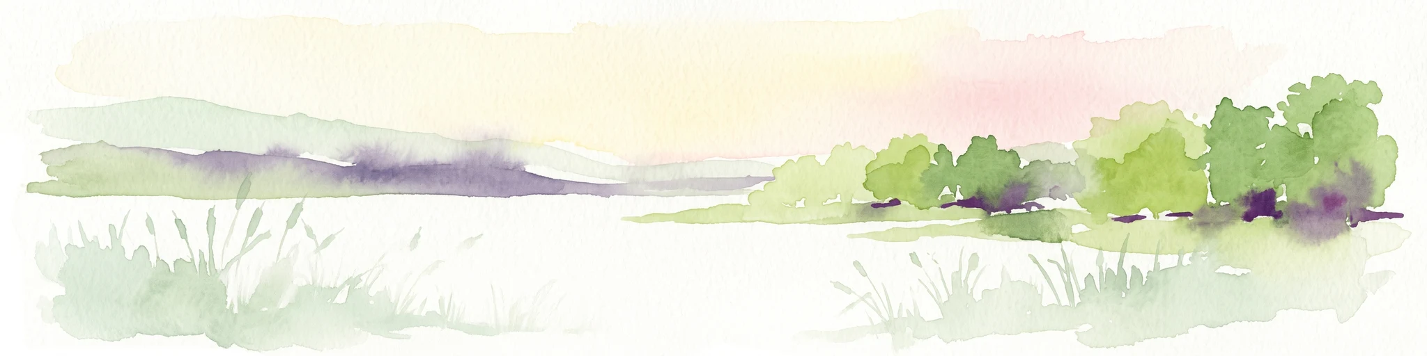 Una suave ilustración en acuarela de un paisaje lacustre con árboles verdes, juncos en primer plano y una orilla lejana bajo un cielo pálido.