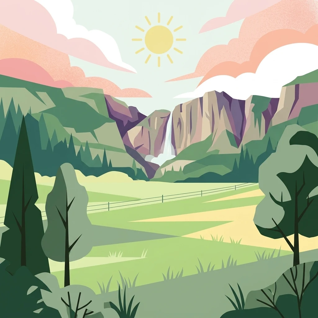 Una ilustración de un paisaje con una pradera herbosa en primer plano, una valla, una cascada lejana que cae entre acantilados y un sol en el cielo con nubes rosadas.