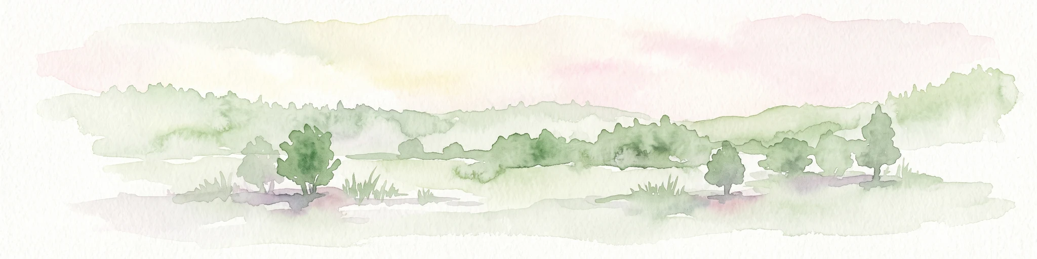 Watercolor painting of a soft, hazy landscape featuring scattered trees, bushes, and rolling hills in shades of green and pink against a pale background.