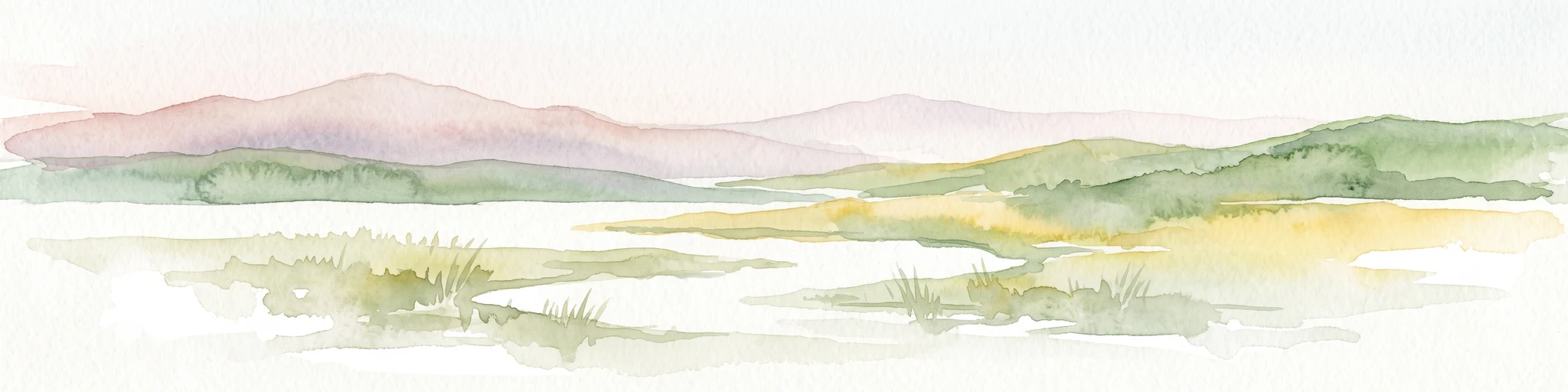 A soft watercolor painting depicting a wide, open mountain landscape with rolling green hills, muted yellow foreground vegetation, and pale purple mountain ridges in the distance.