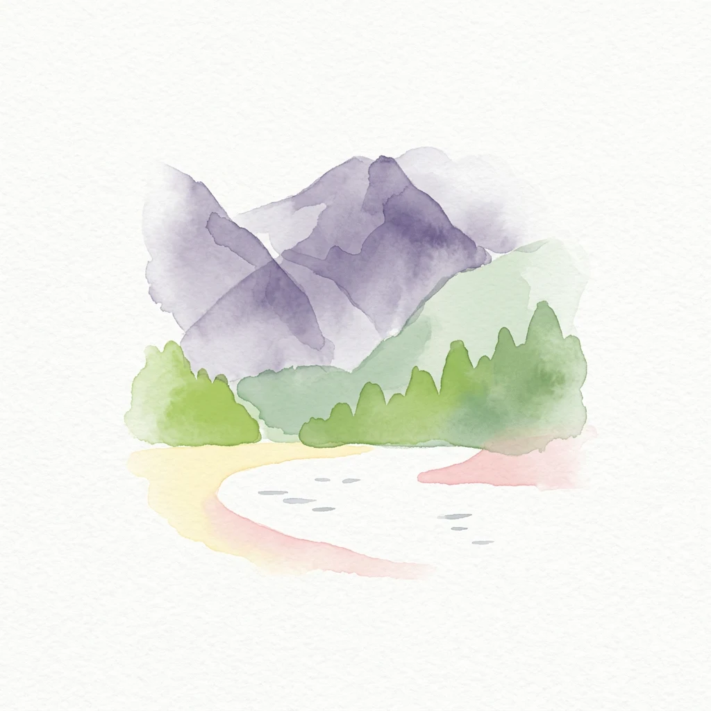 Watercolor illustration of mountains, forest, and a winding water body