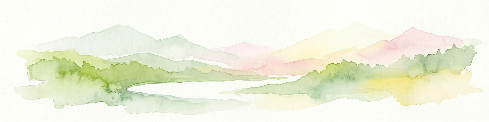 Ilustración de acuarela de un paisaje montañoso con vegetación verde y picos de colores pastel