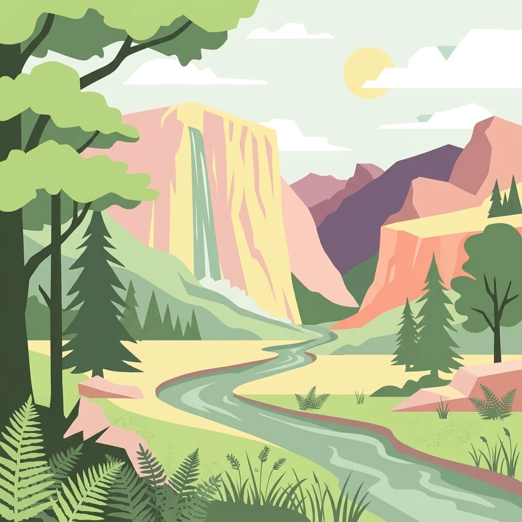 Una ilustración vectorial plana de un valle pintoresco con una cascada que fluye por un acantilado, un río serpenteante en primer plano, árboles coníferos y helechos.