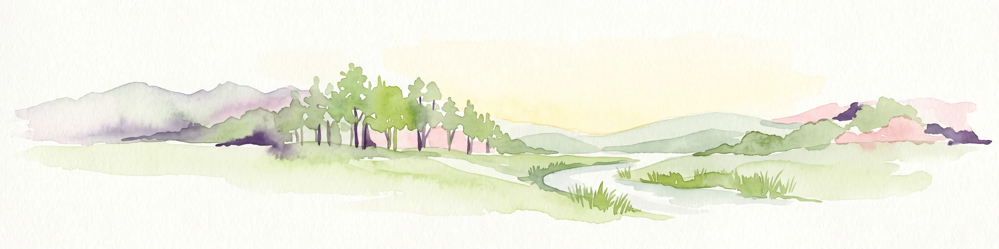 A watercolor painting showing a wide view of the Foloi plateau with rolling hills, a small grove of deciduous trees, and a winding stream, set against a pale background.