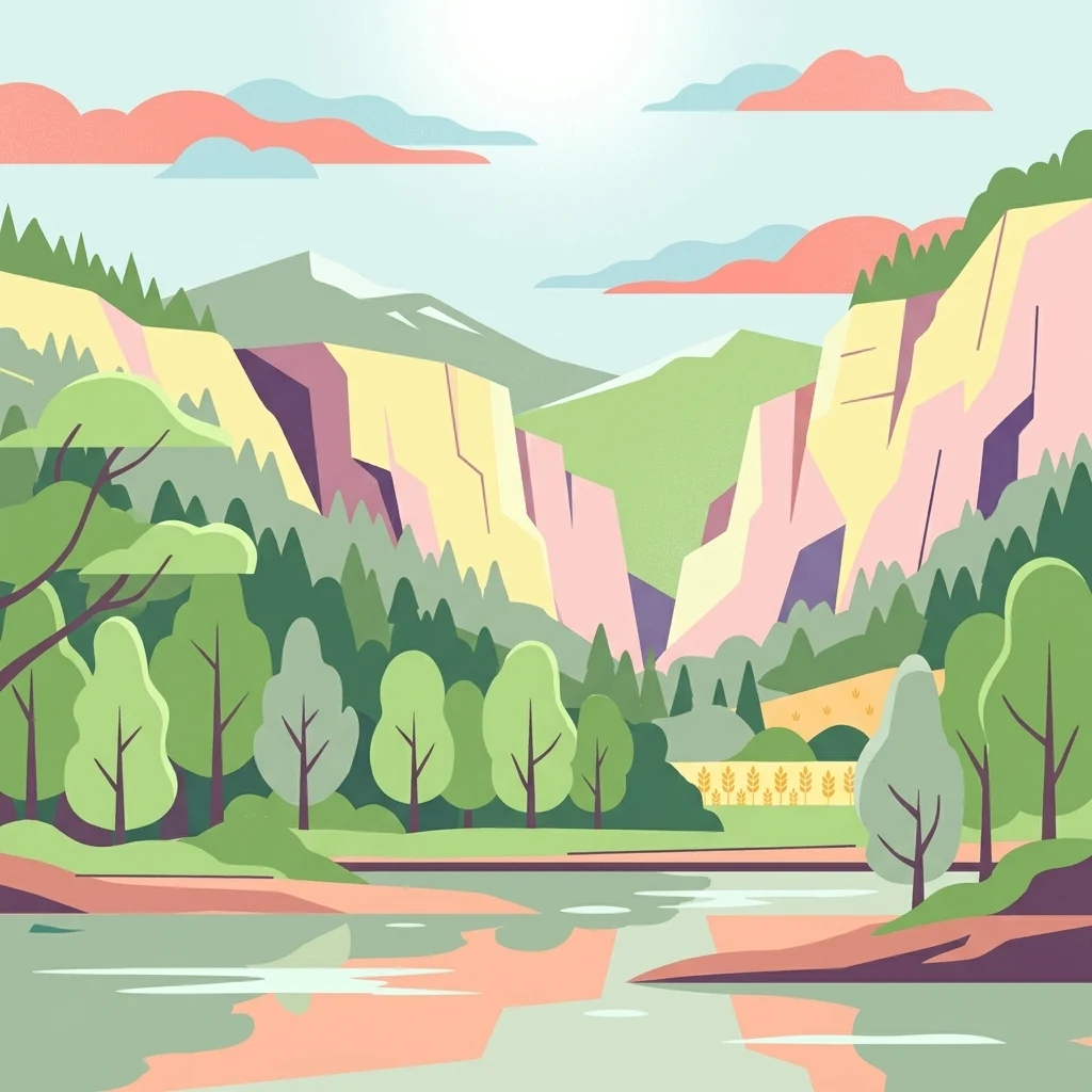 A flat-style digital illustration of a valley with a river in the foreground, forests, and steep rocky cliffs in the background under a pale sky.