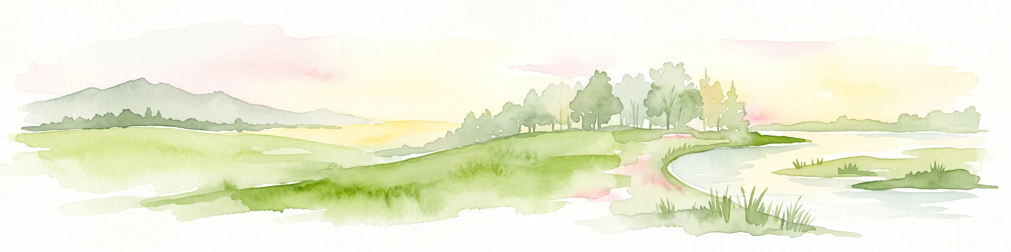 A soft, painterly watercolor landscape showing a green grassy meadow beside a calm lake with a stand of trees and rolling hills in the background.