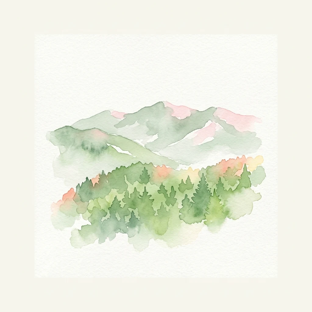 Ilustración acuarela de montañas y paisaje boscoso