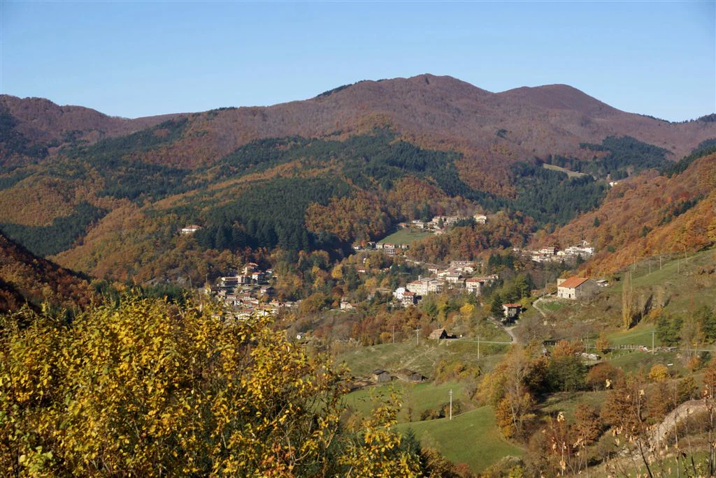 Village nestled in valley with autumn-colored trees, surrounded by forested mountains under clear blue sky