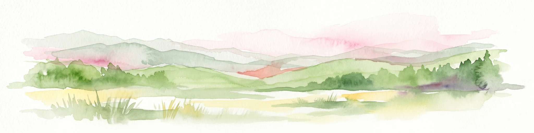 Pintura de acuarela de un paisaje con colinas onduladas, campos verdes y un cuerpo de agua bajo un cielo rosa