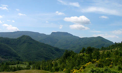 Rolling green hills and distant mountain peaks under a partly cloudy sky