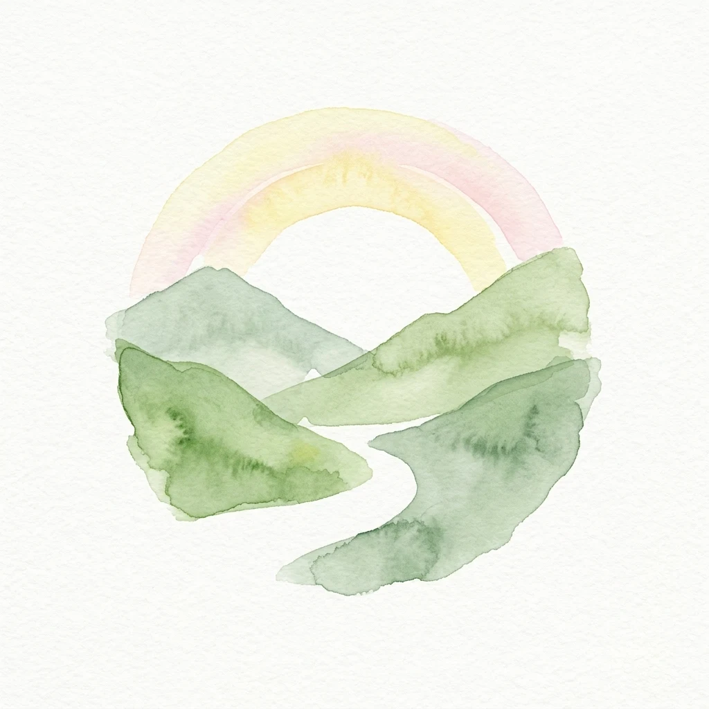 Ilustración en acuarela que muestra un arcoíris sobre picos de montañas verdes con un sendero sinuoso debajo