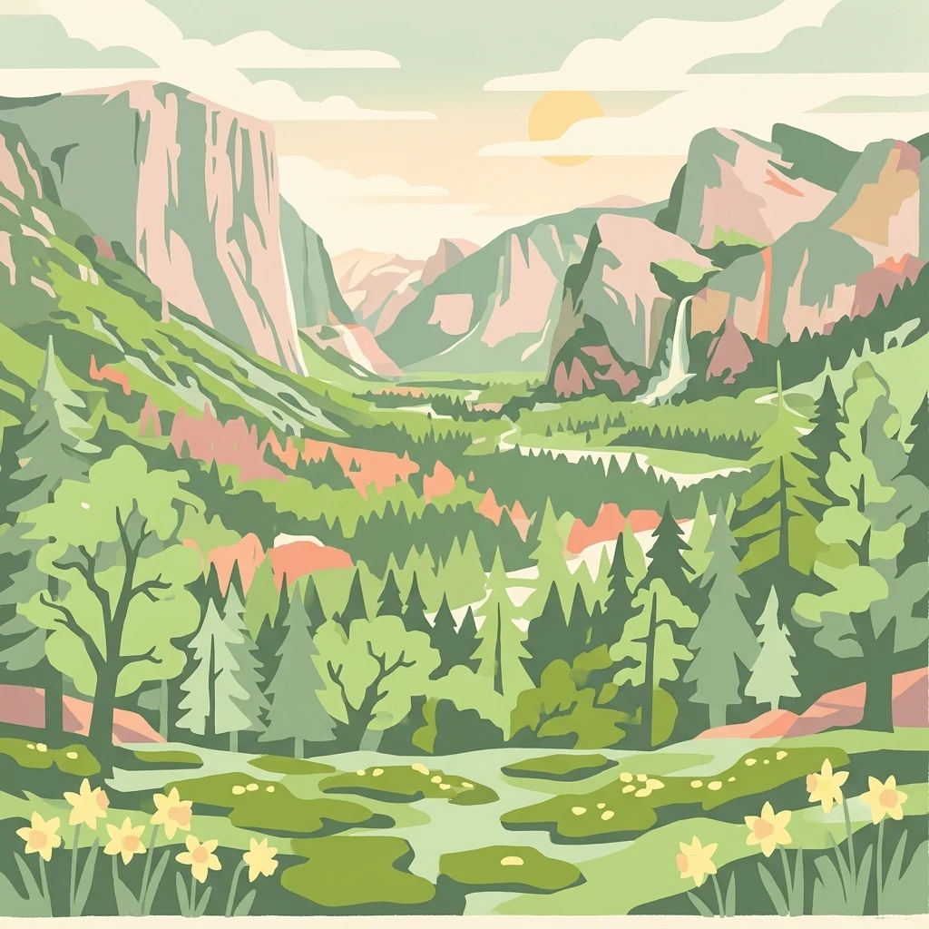 Ilustración estilizada de un paisaje montañoso con bosques, un río y flores silvestres
