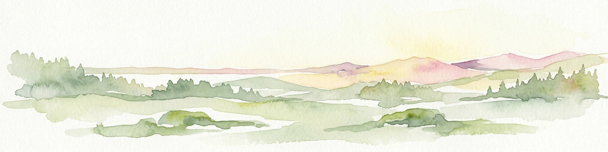 Ilustración en acuarela de un paisaje boscoso con colinas onduladas, montañas a lo lejos y un cielo con suaves colores pastel
