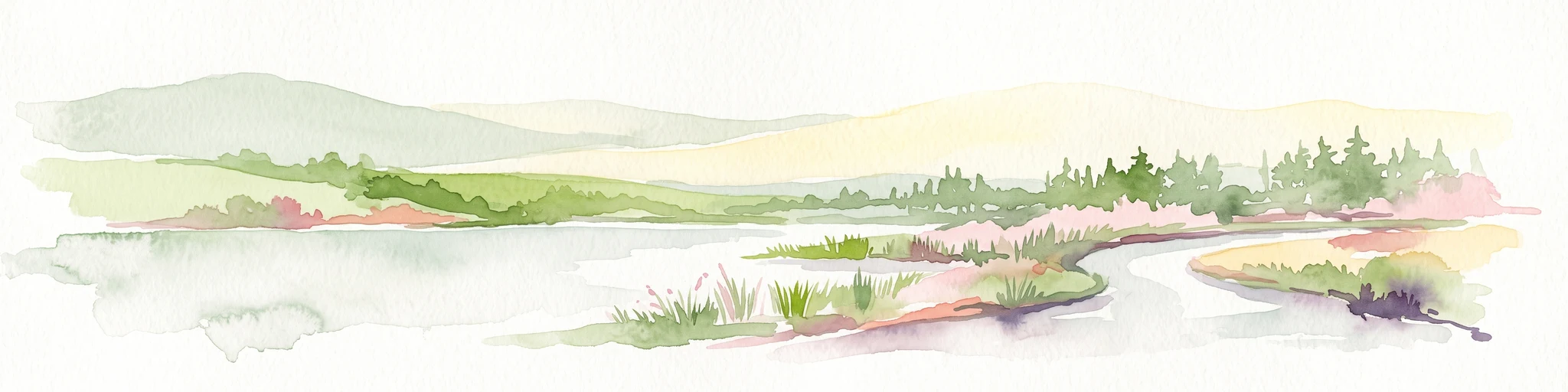 A soft, light-toned watercolor painting of a river flowing through a park or nature reserve with gentle hills and scattered trees in the background.