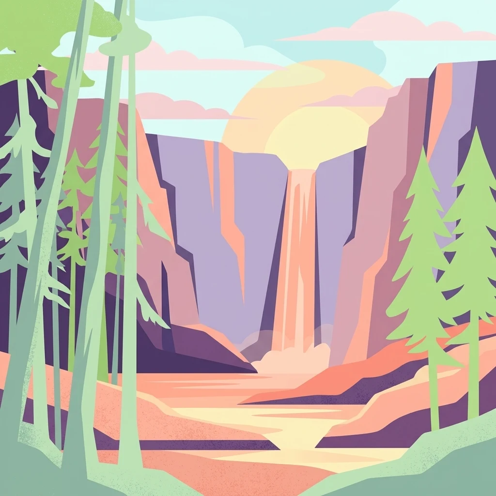 An artistic, flat-style illustration of a waterfall flowing between steep canyon walls, framed by silhouetted pine trees in the foreground, with a warm-toned sun setting in the background.