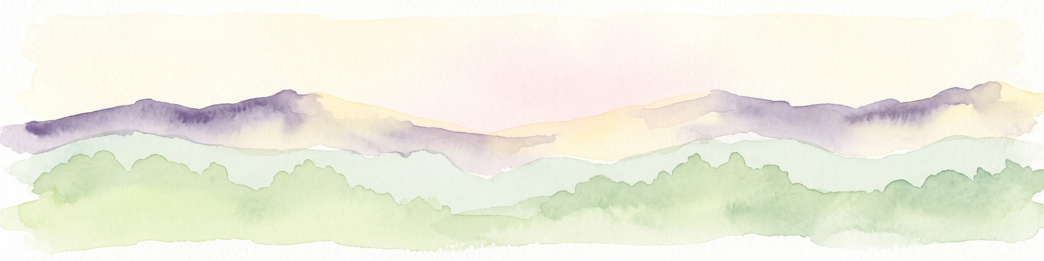 Una ilustración en acuarela que representa capas de colinas verdes y picos de montañas púrpuras contra un cielo suave y pálido.