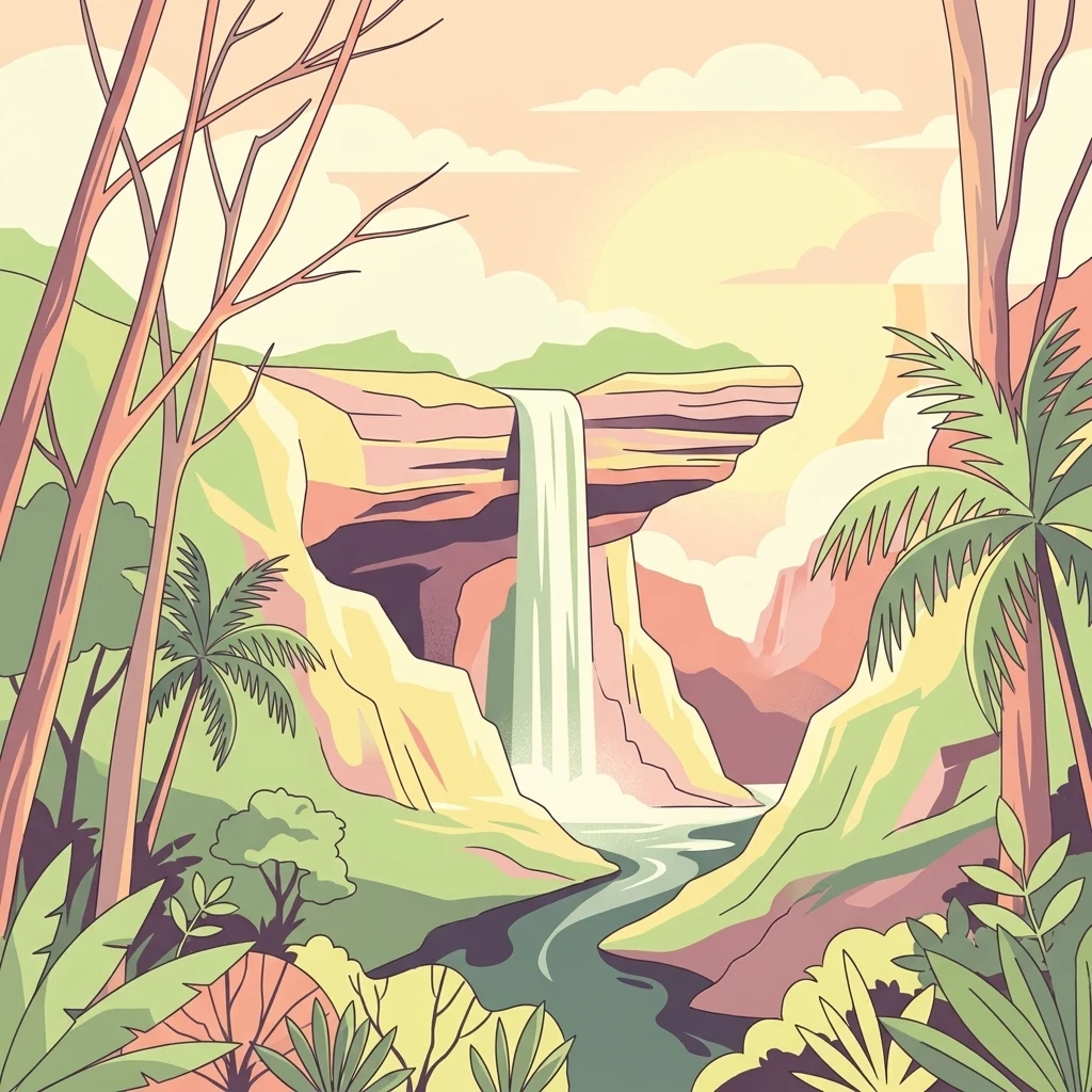 A flat-style digital illustration of a waterfall cascading off a rocky cliff into a river, surrounded by lush green forest, palm trees, and a hazy sky at sunset.