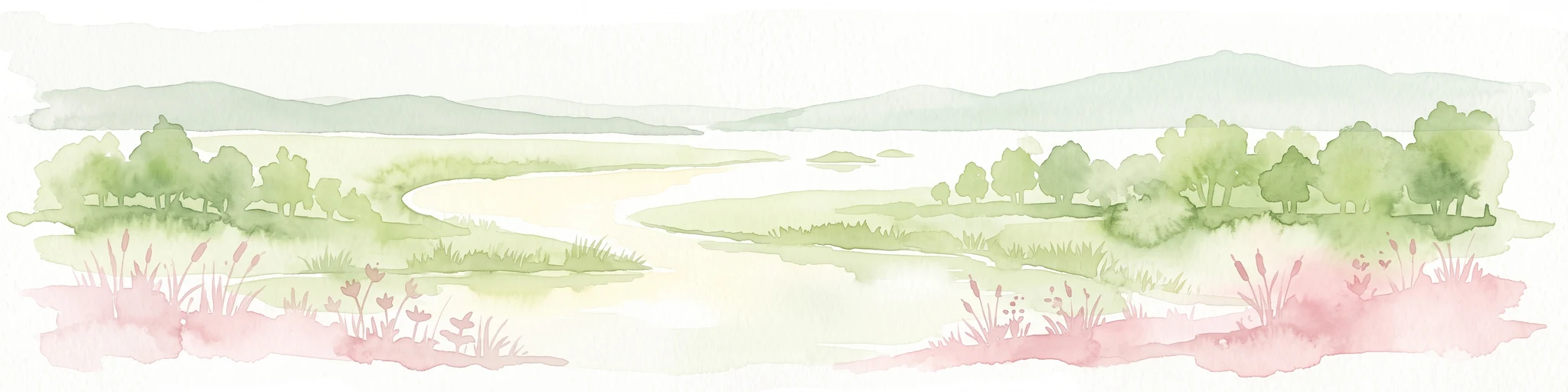 Una pintura en acuarela que muestra una vista panorámica de un paisaje fluvial con frondosos árboles verdes, hierbas y suaves flores rosadas en primer plano contra un cielo claro.