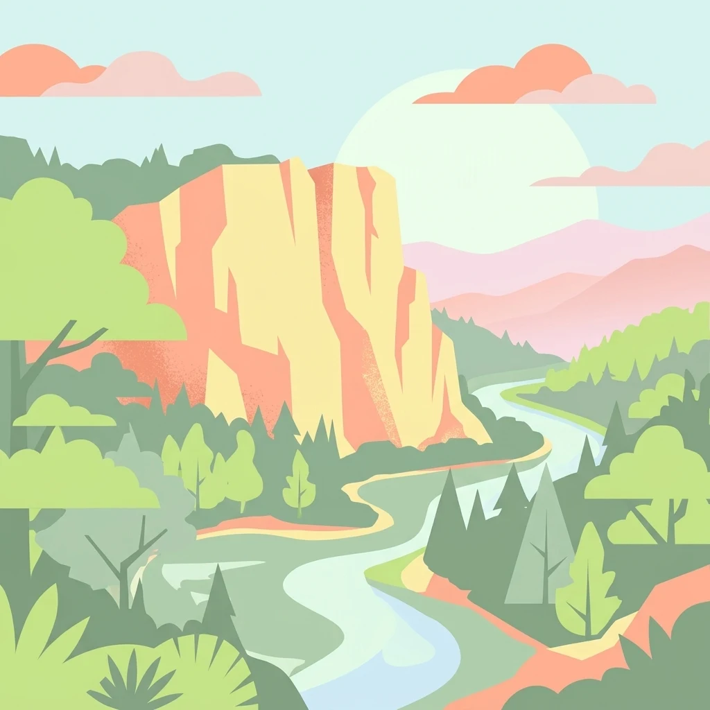 A flat-style digital illustration of a winding river flowing past a large rock formation and forested hills under a pale sun.