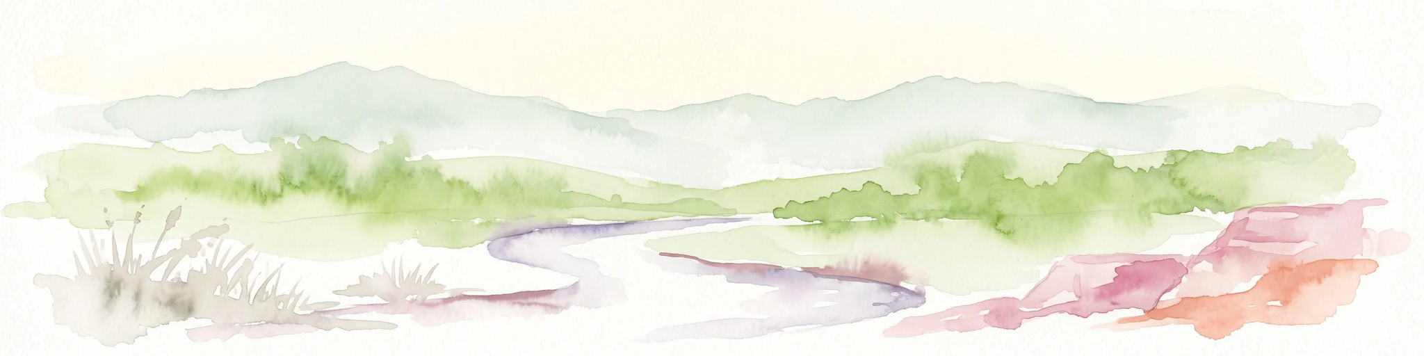 A soft watercolor painting of a winding river flowing through a green woodland savanna with hills in the background.