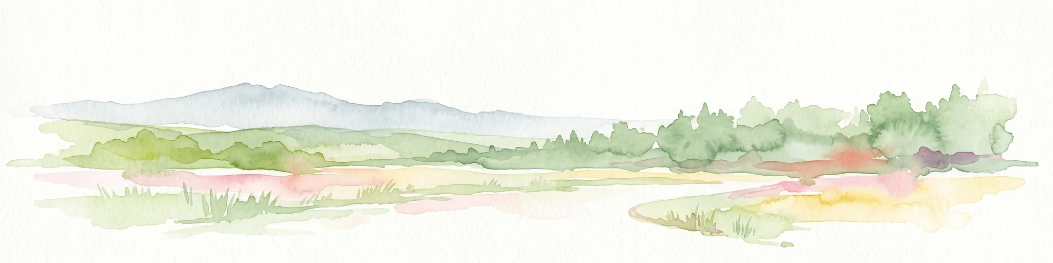Una acuarela suave de un paisaje ondulado con colinas verdes, montañas lejanas de azul claro y manchas de vegetación rosa y amarilla.
