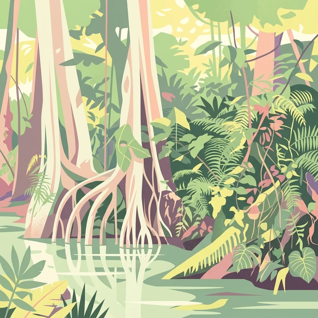 A stylized digital illustration depicting a dense swamp forest with tall trees featuring prominent buttress roots growing out of calm, shallow water surrounded by thick tropical foliage.
