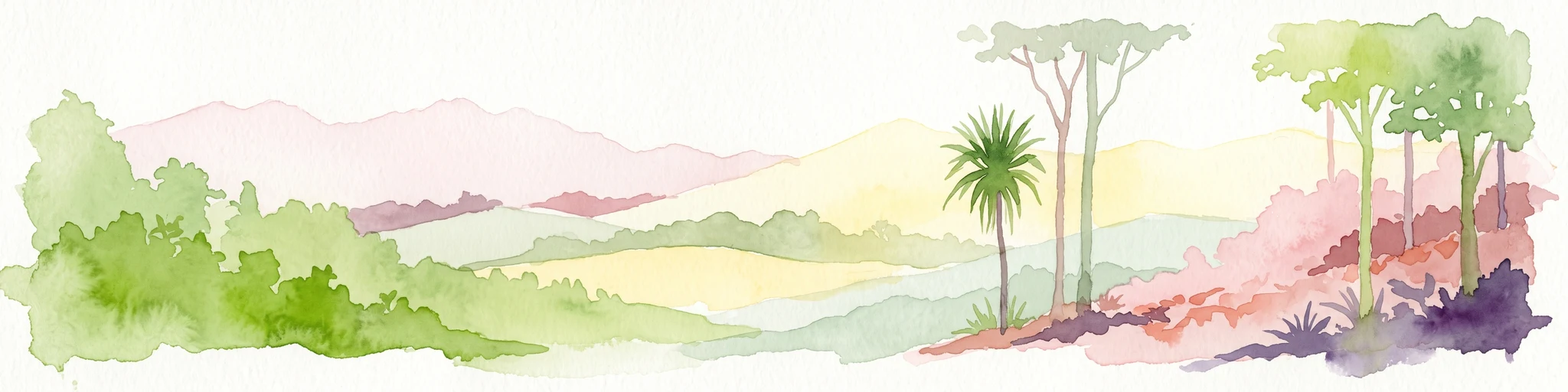 A horizontal watercolor painting showing a soft, stylized forest landscape with rolling hills, diverse trees, and vegetation in shades of green, yellow, and purple.