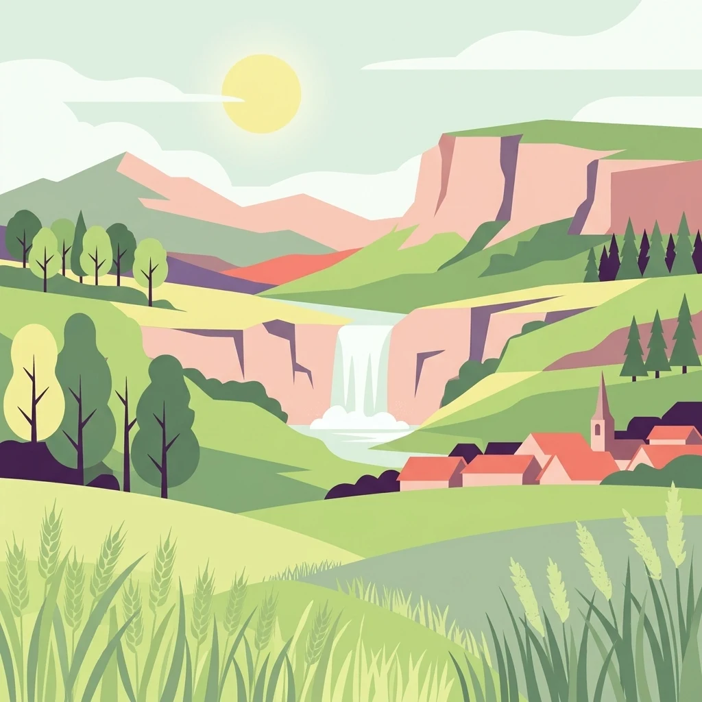 Una ilustración digital de estilo plano que muestra un valle soleado con colinas verdes onduladas en primer plano, un pequeño pueblo con un campanario a la derecha, una cascada que se precipita sobre acantilados rocosos en el plano medio y montañas volcánicas al fondo.