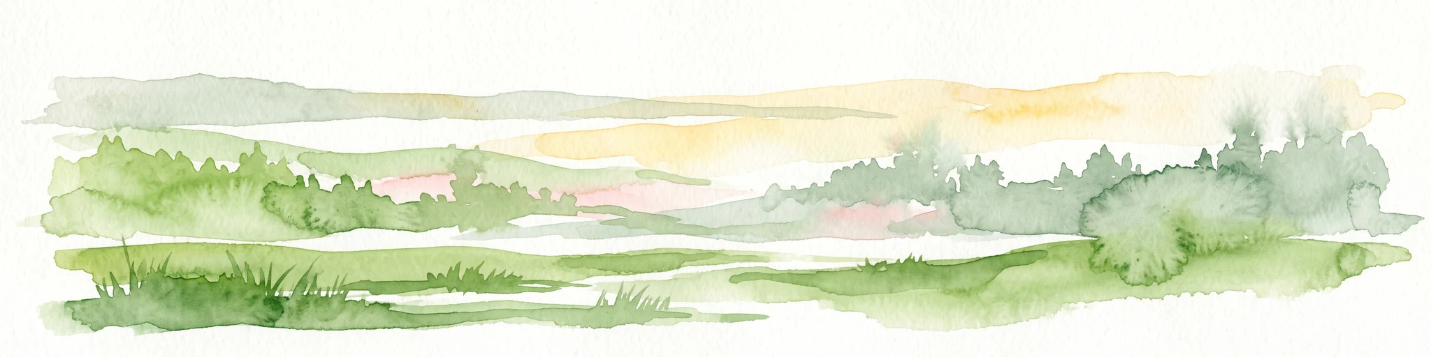 A soft watercolor illustration depicting a green, hilly landscape with meadows and distant low slopes on a white background.