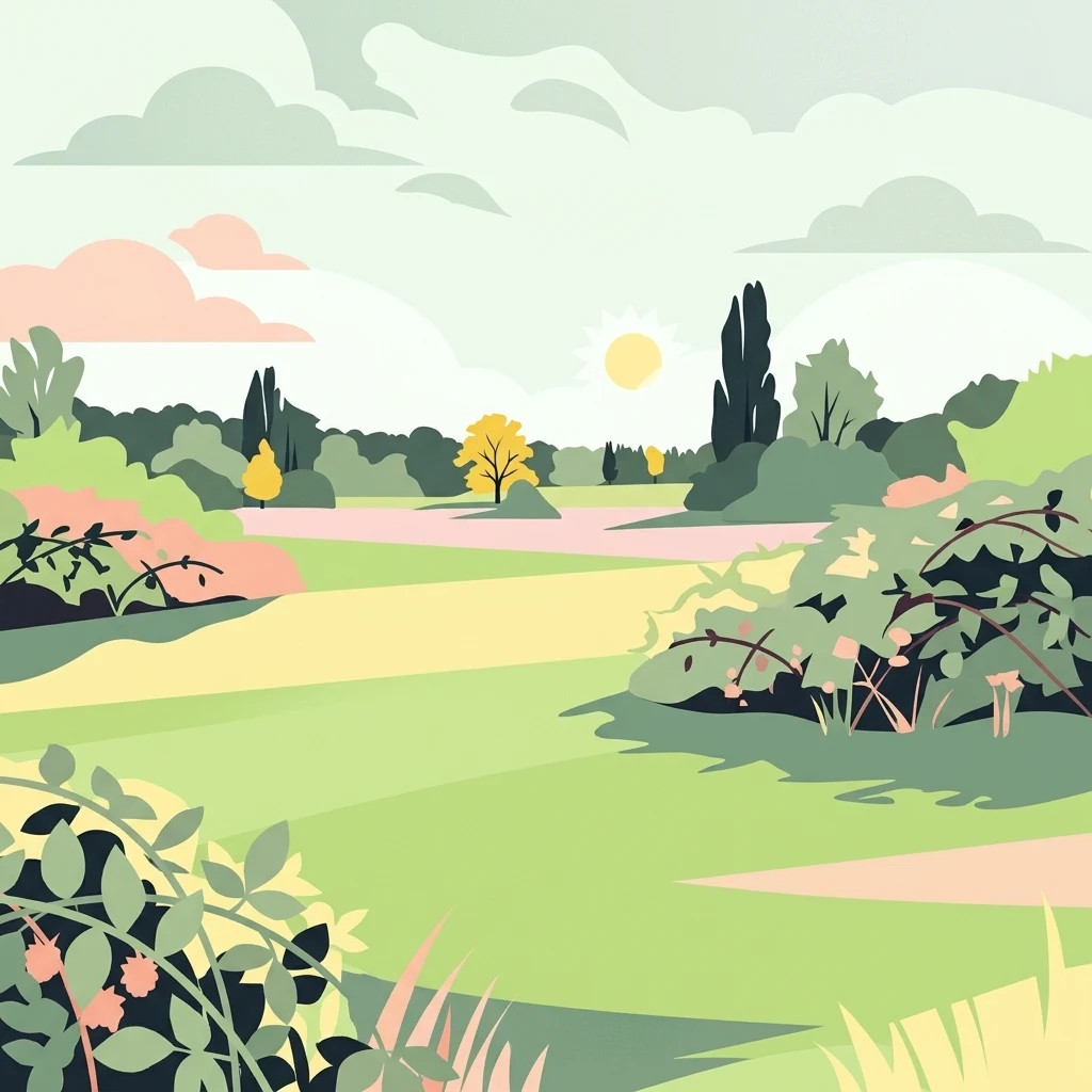 A minimalist flat illustration of a grassy meadow with bushes and distant trees under a soft sun.