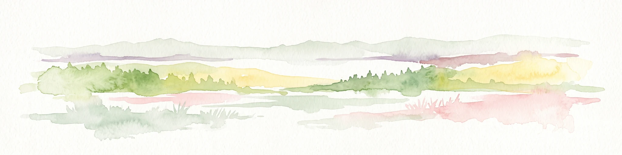 A horizontal watercolor painting showing a soft, abstract landscape with patches of green forest, yellow meadows, and pale pink marshland against a light background.