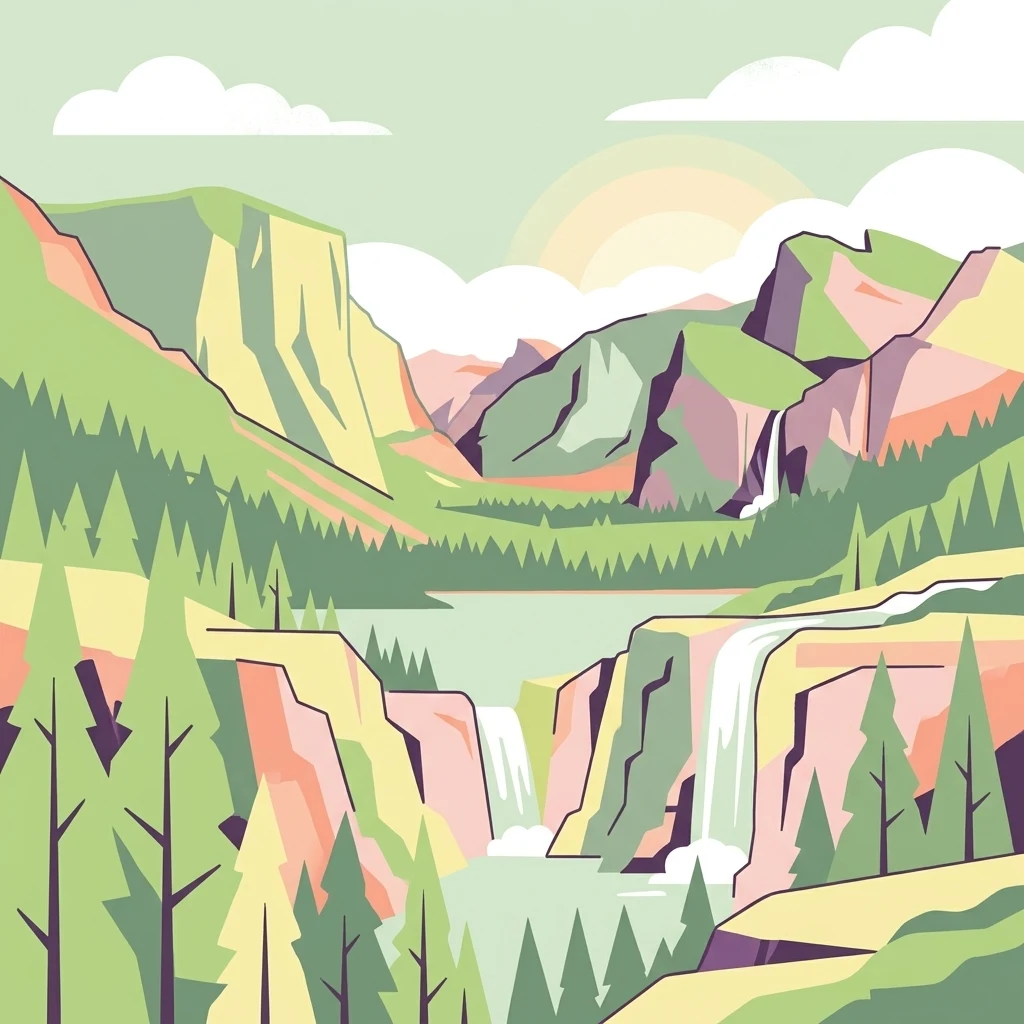 A flat-style digital illustration showing a valley with tiered waterfalls, pine forests, and steep mountain peaks under a light sky.
