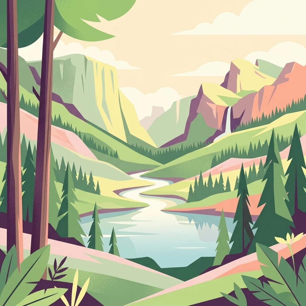 A digital illustration of a scenic valley with evergreen trees in the foreground, a winding river, mountains in the distance, and a small waterfall on the right.