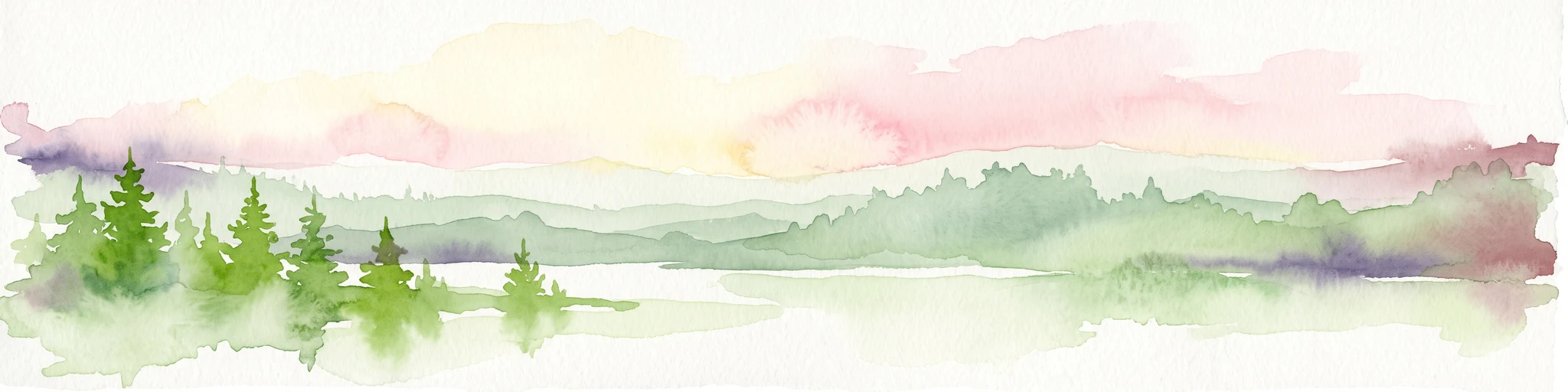 Watercolor painting of a green forested landscape with rolling hills under a soft pink and yellow sunrise sky.