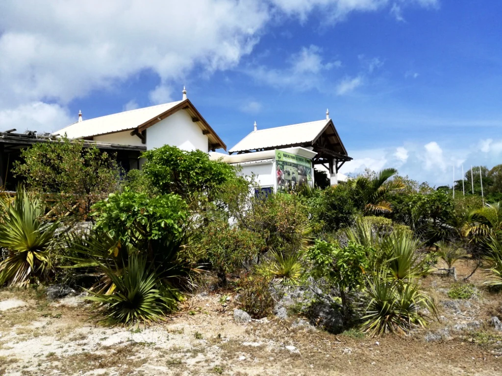 A white building with a dark roof nestled amongst dense tropical vegetation under a bright blue sky.
