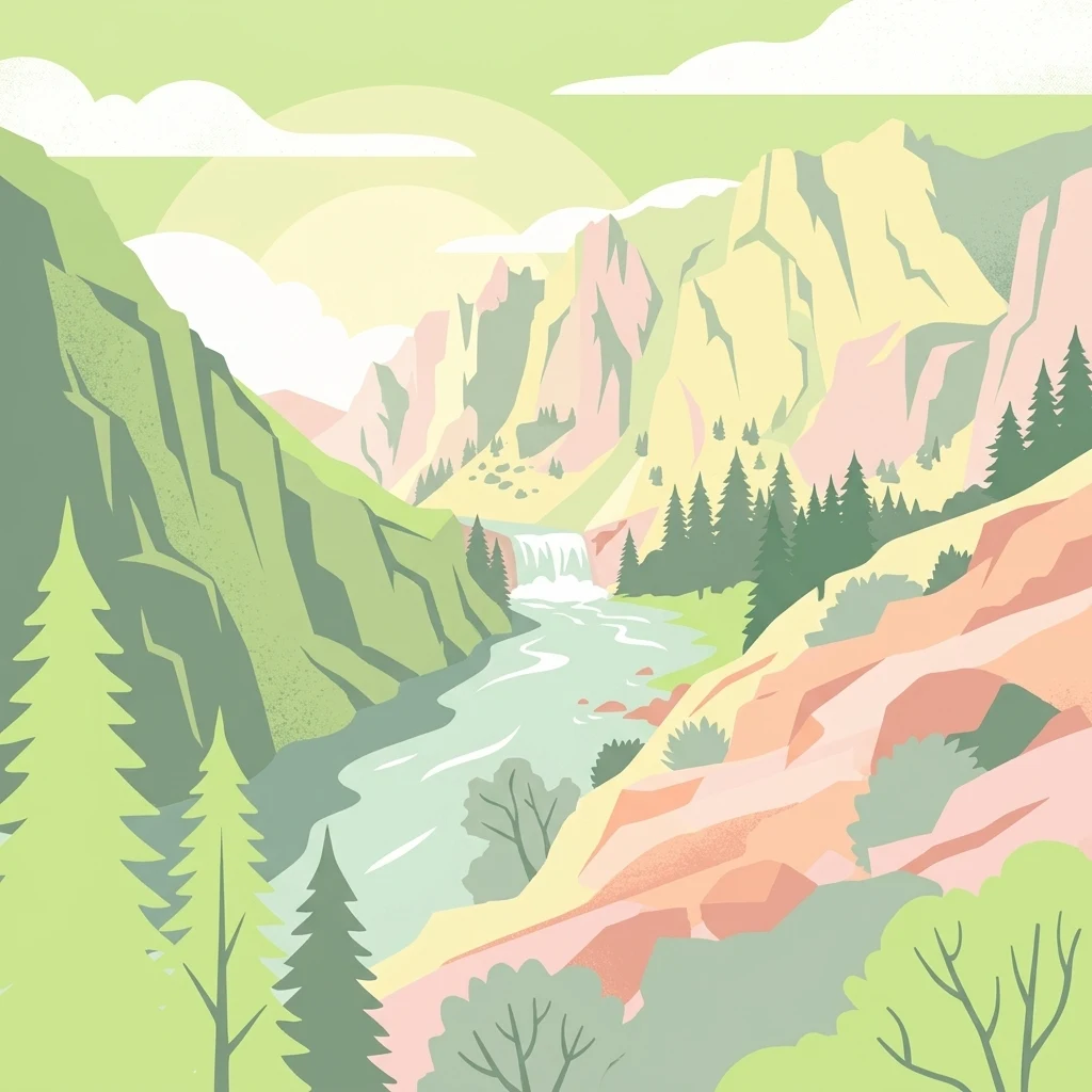 An artistic digital illustration of a deep river valley featuring steep rocky mountains, a river flowing through the center, a small waterfall, and evergreen forests.