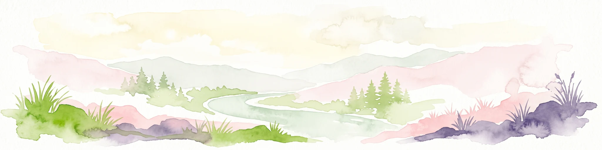 A horizontal watercolor illustration depicting a winding river flowing through a forested valley surrounded by soft, hazy mountain silhouettes.