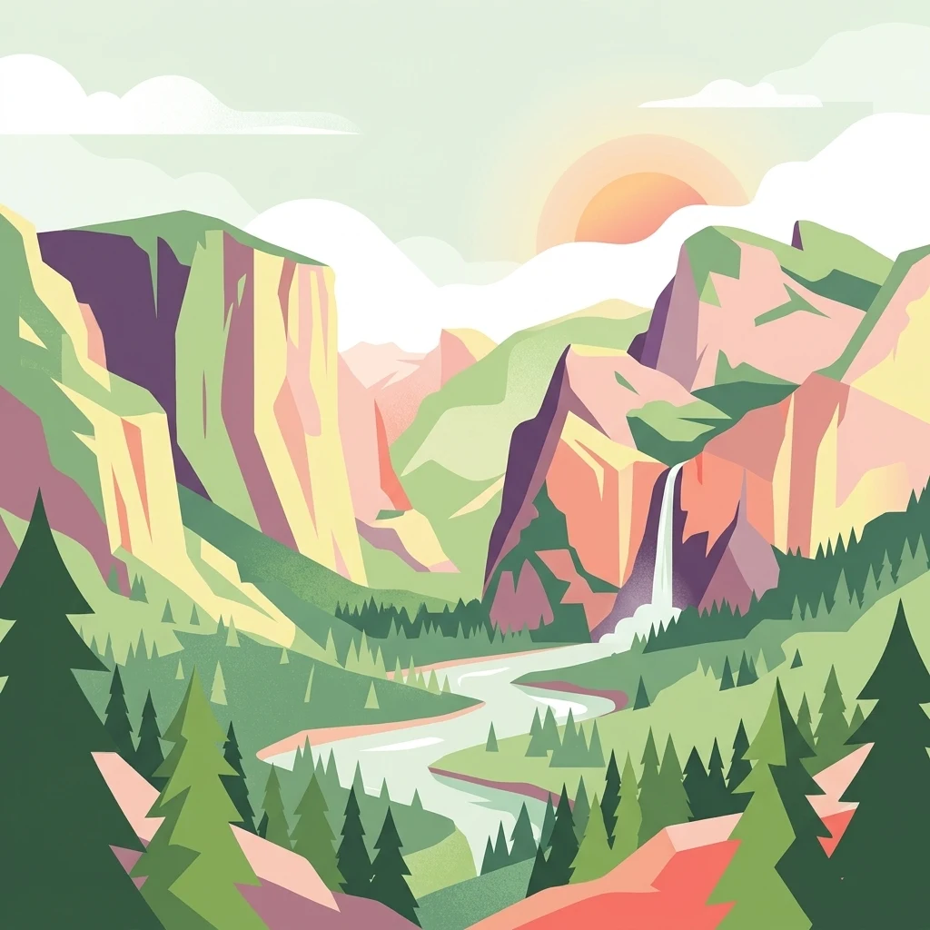 Una ilustración digital de estilo plano que representa un valle de montaña con una cascada que fluye hacia un río serpenteante, rodeado de pinos bajo un amanecer.