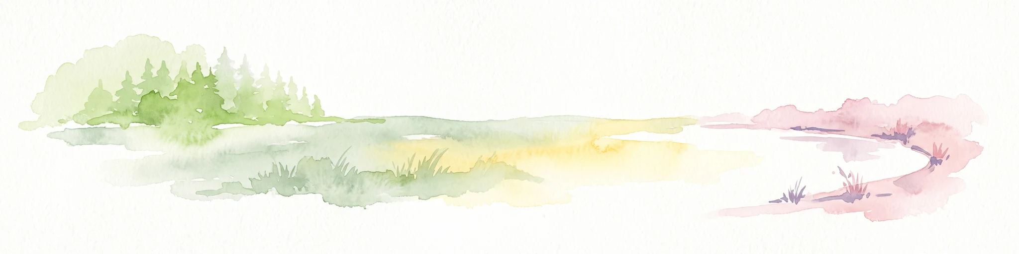 Ilustración en acuarela que representa un paisaje de humedal sereno con un pequeño parche de bosque a la izquierda, marisma herbácea en el centro y una orilla de tono rosado a la derecha.