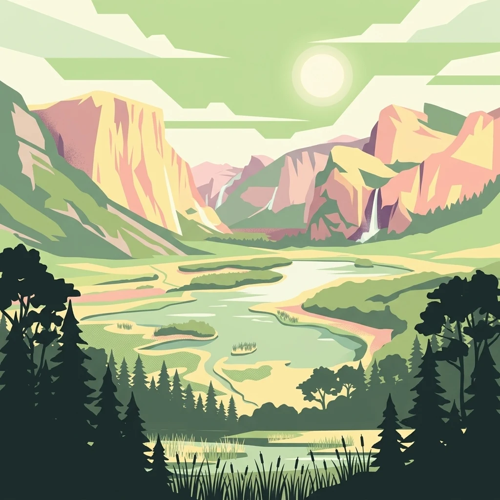 Una ilustración de un paisaje montañoso sereno con un río serpenteando por un valle, rodeado de árboles coníferos y picos escarpados bajo un sol pálido.
