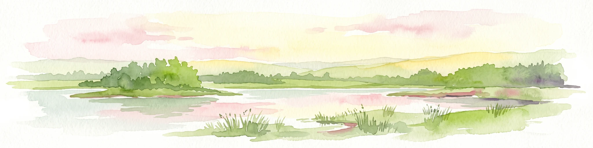 A watercolor painting showing a calm pond with a small island of green trees and distant rolling hills under a soft pink and yellow sky.