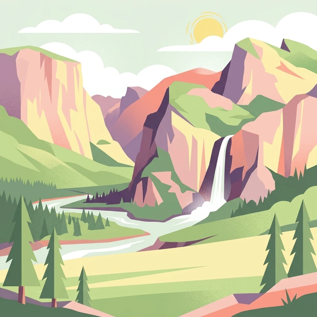 A flat vector-style illustration featuring tall mountain cliffs, a waterfall, a winding river, and pine trees in the foreground.
