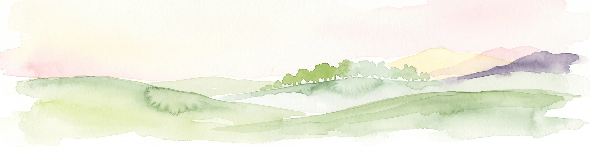 A soft watercolor illustration of rolling green hills, a cluster of trees, and distant low mountains in muted pastel tones.
